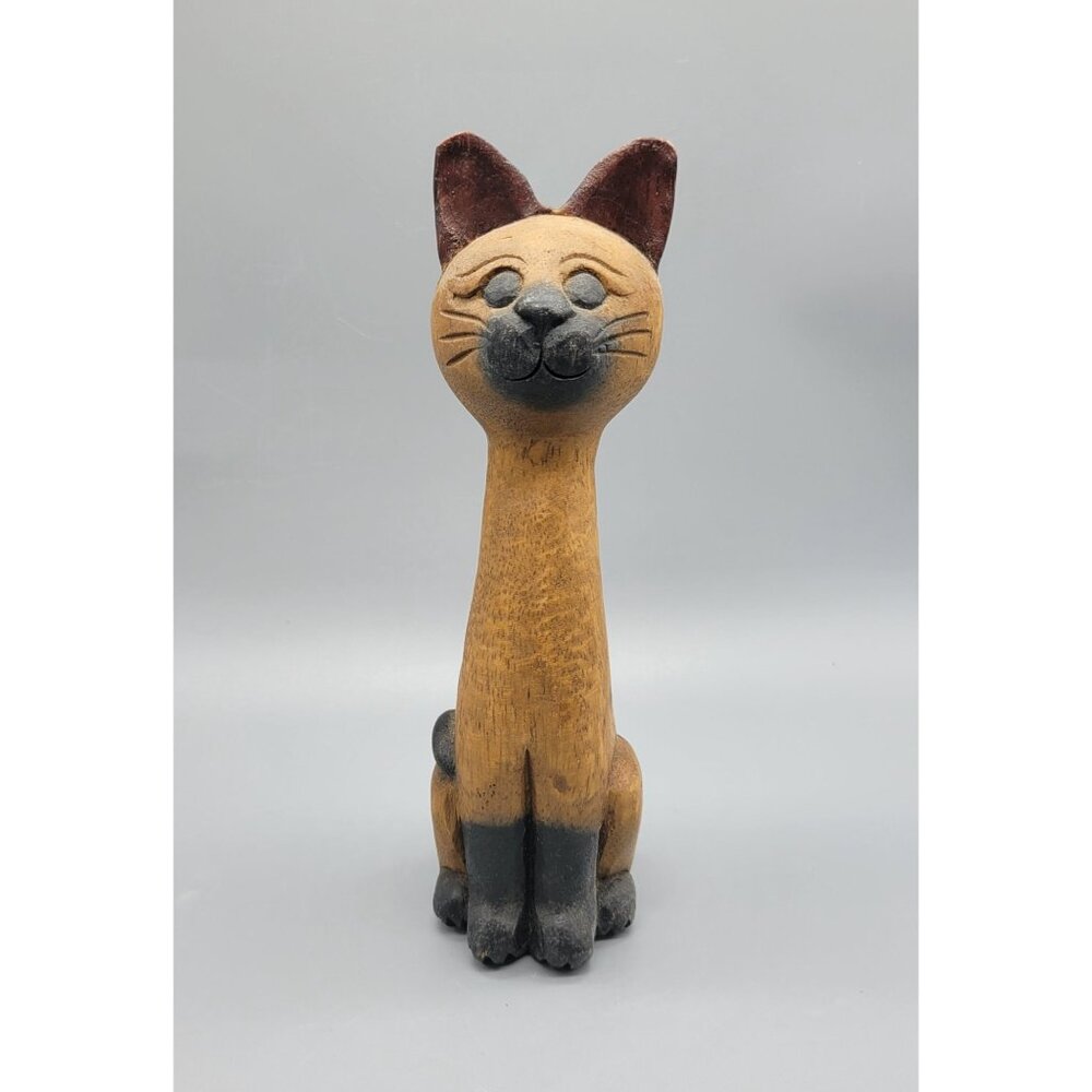 Vintage Wooden Carved Black Brown Standing Cat Figurine Decor A3